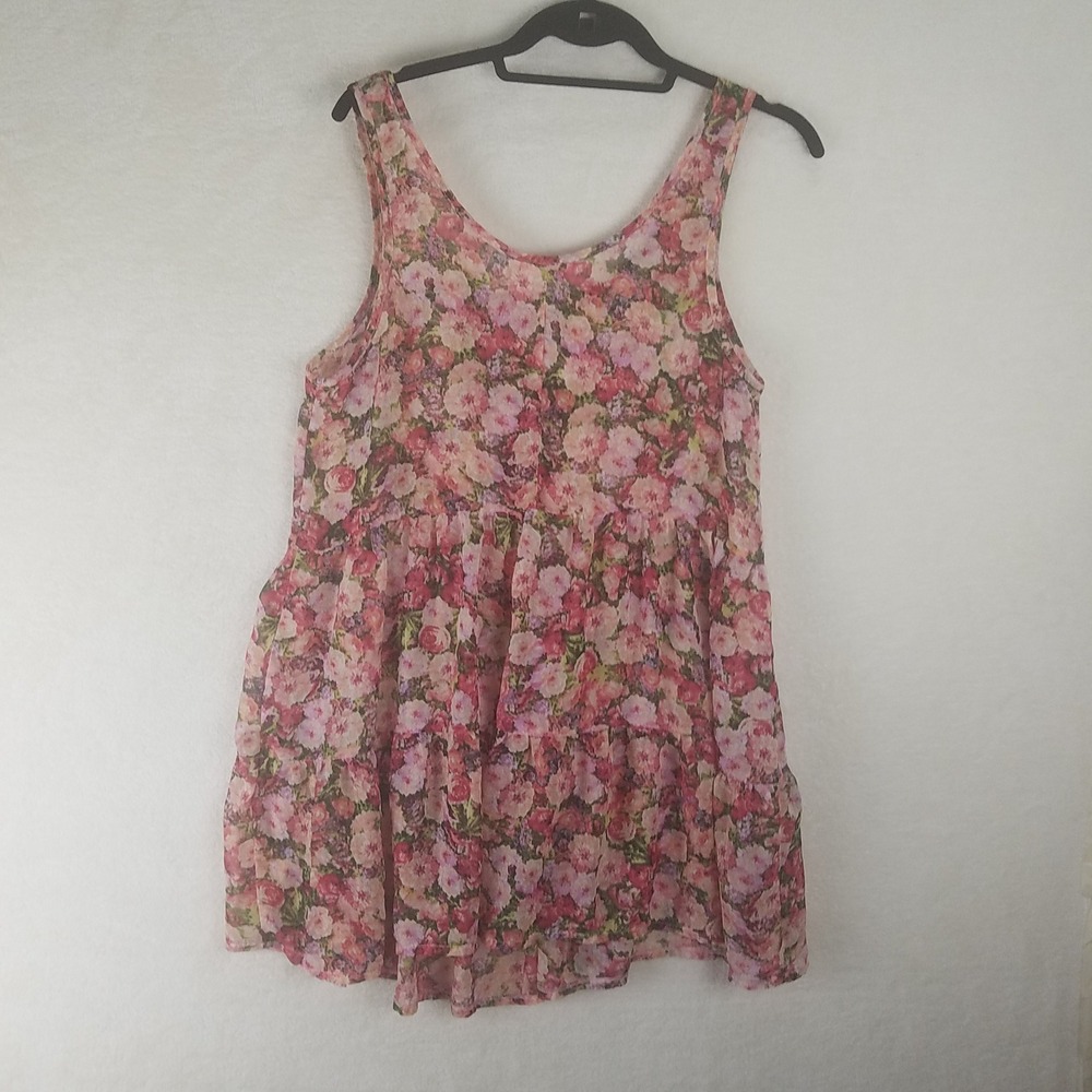 SUPRÉ Floral Print Tiered Babydoll Dress Pink Green Women's Size S sheer chiffon